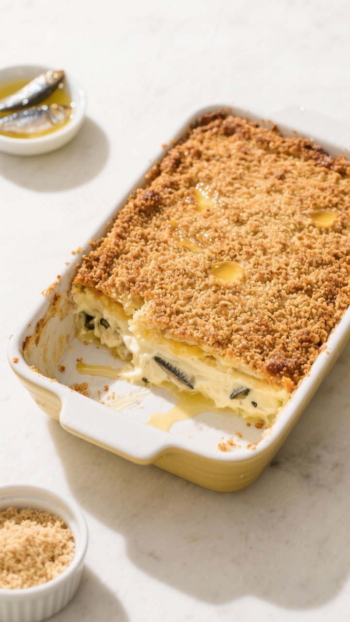 Tasty top view: Overhead shot of the finished casserole in a buttered 9x13 dish, evenly bronzed brea