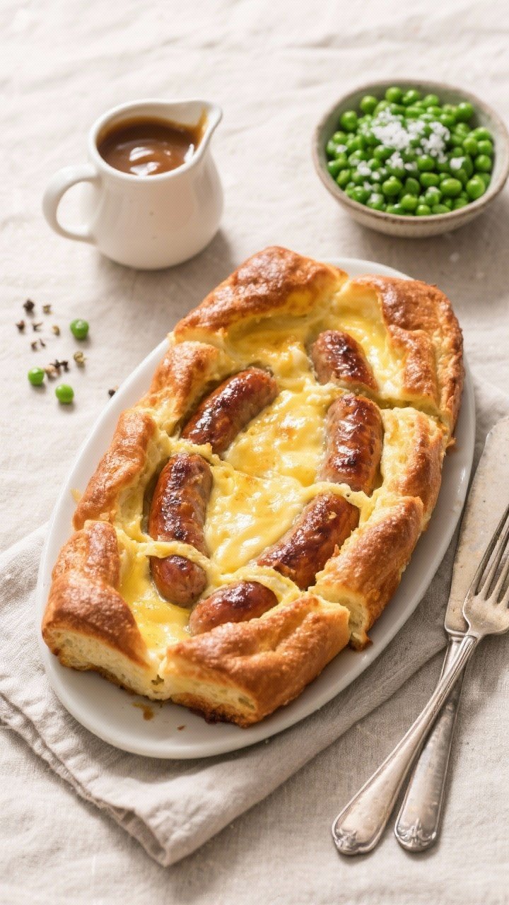 Tasty top view: Overhead shot of the finished Toad in the Hole sliced into generous portions, showin