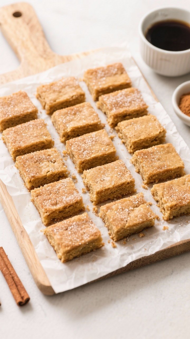 Tasty top view: Sliced cinnamon sugar blondies arranged in a tidy grid of 16 smaller squares on a pa
