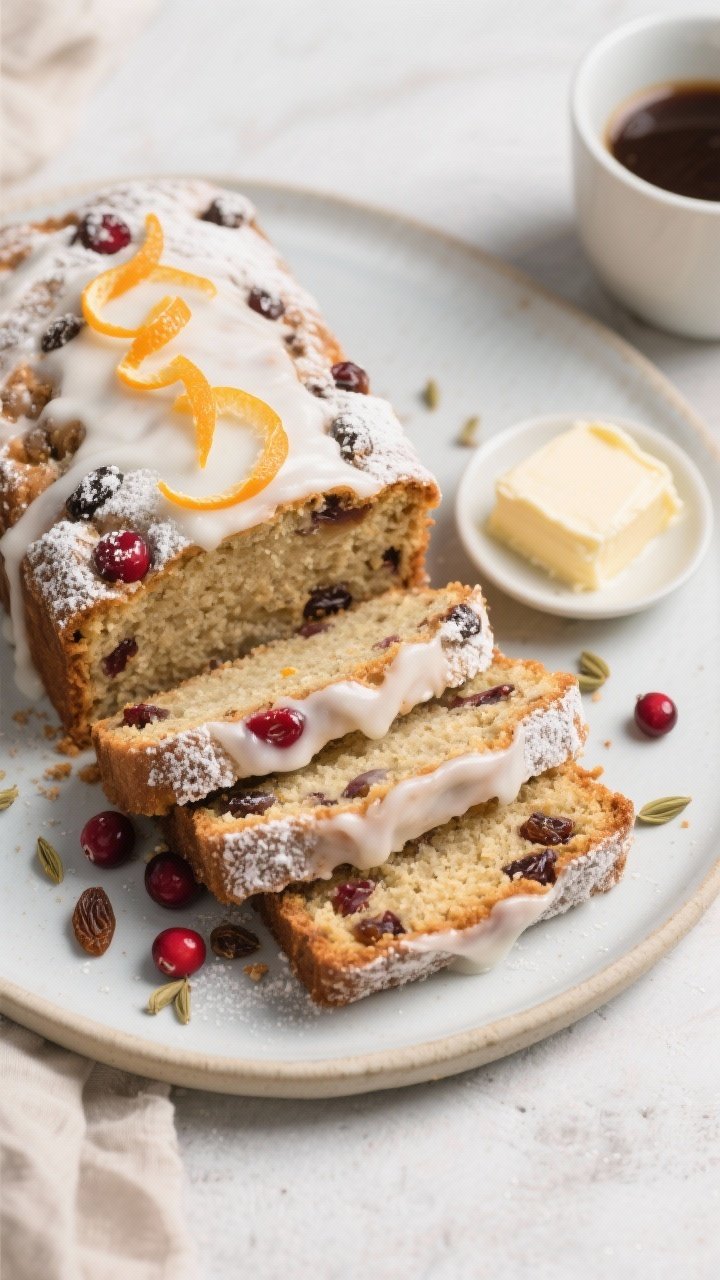Tasty top view: Sliced julebread on a light ceramic platter, overhead composition showing neat even 