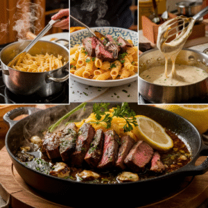 Cajun Steak with cheesy rigatoni parmesan sauce.