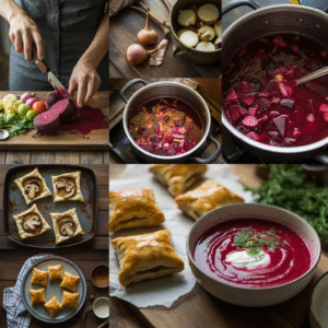 beetroot soup with savory mushroom pastries.