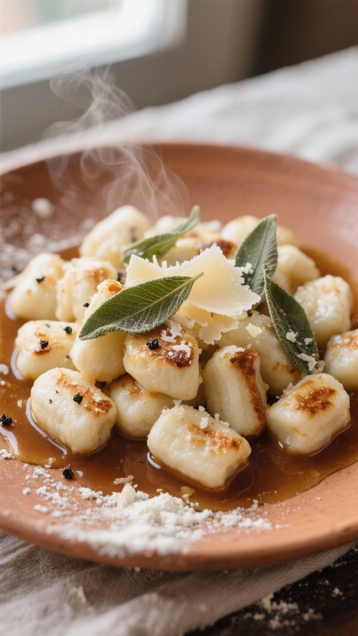 45-degree angle close-up of handmade ricotta gnocchi tossed in brown butter and sage: pillowy, slightly irregular gnocchi with delicate browned edges, speckled with finely grated Parmigiano-Reggiano, sage leaves crisping in nutty butter pooling on a warm ceramic plate, visible black pepper flecks and a light snowfall of cheese, a dusting of flour on the linen underneath hinting at the dough; steam rising, soft natural window light.