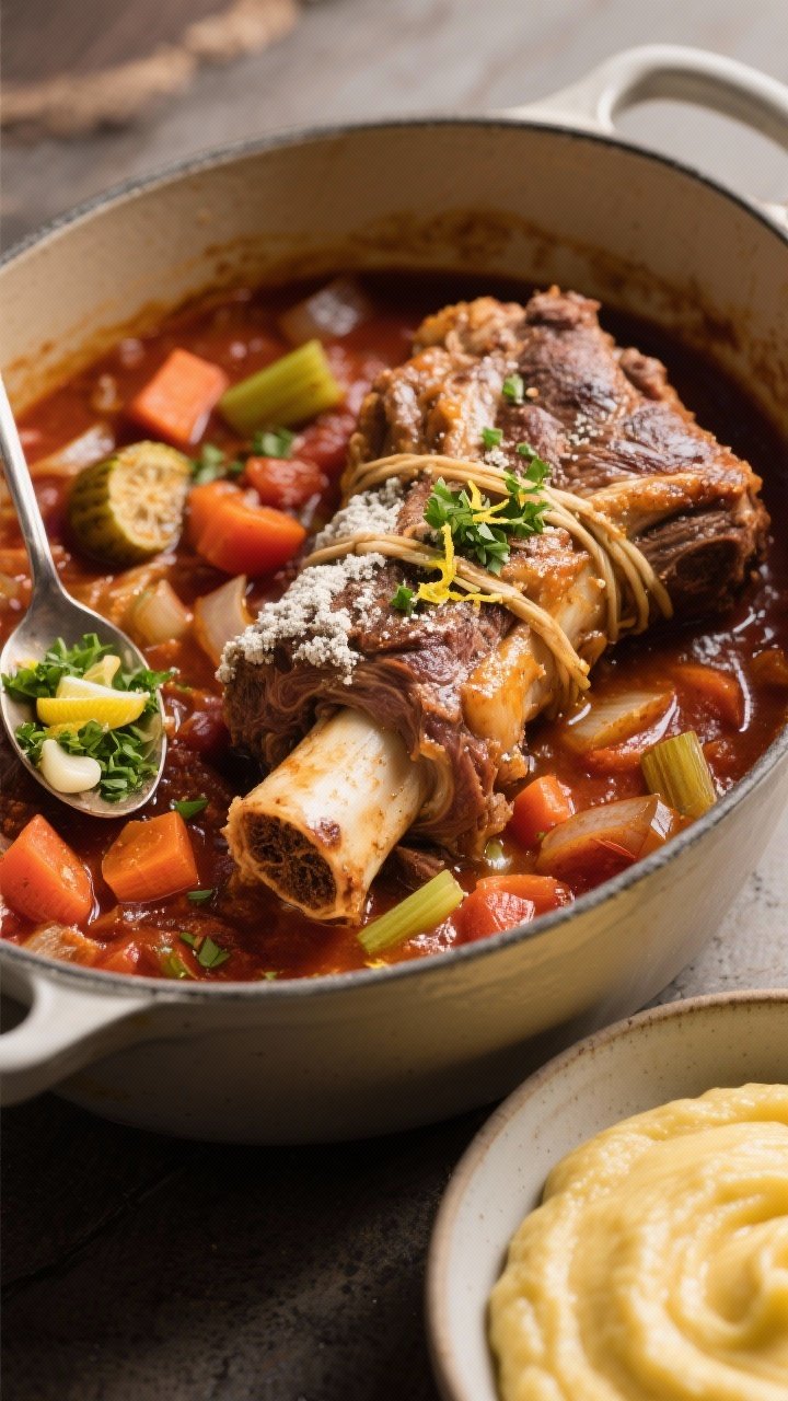 45-degree angle Dutch oven shot of Classic Osso Buco braising: thick veal shanks tied, dredged in flour and seared to a deep golden crust, nestled in a rich tomato-wine braise with finely chopped onion, carrot, and celery; marrow glistening in the bone centers, a spoonful of fresh gremolata (lemon zest, garlic, parsley) sprinkled over one shank; served alongside a creamy swirl of soft polenta in a separate bowl; warm, rustic ambiance.