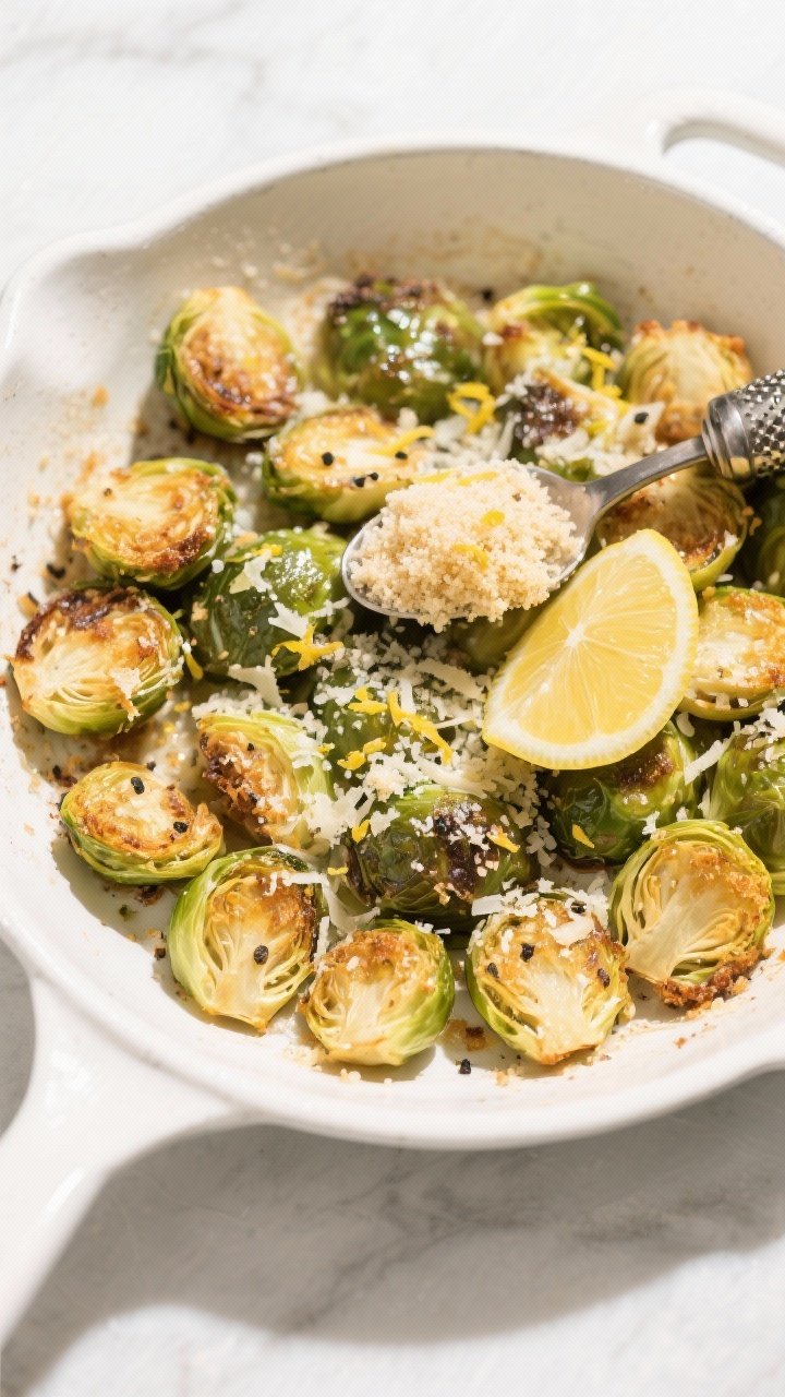 45-degree angle of crispy Parmesan Brussels sprouts on a white enamel skillet: halved sprouts with golden, frizzled edges, dusted with finely grated Parmesan, garlic powder, black pepper, and kosher salt. A small mound of lemon-garlic breadcrumbs spooned over the center, lemon zest scattered, a wedge of lemon and a microplane in frame. Bright, crisp lighting to emphasize crunch and green-gold contrast.