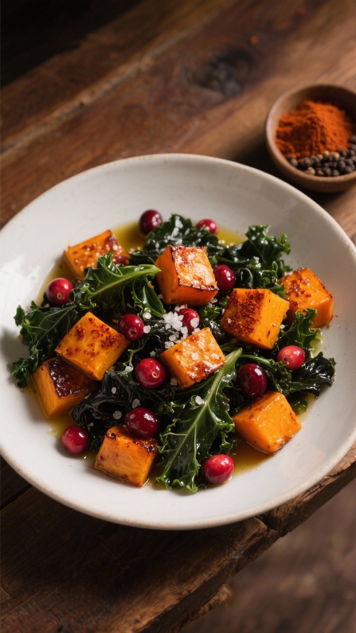 45-degree angle plated presentation of a roast butternut squash, lacinato kale, and cranberry salad in a wide shallow white bowl: caramelized squash cubes with light paprika char, massaged dark kale ribbons, pops of fresh cranberries (or dried if styled), glossy olive oil drizzle, and coarse kosher salt flakes; warm wood tabletop with a small bowl of smoked paprika and a pinch dish of black pepper to the side; autumnal, moody light highlighting orange, deep green, and crimson tones.