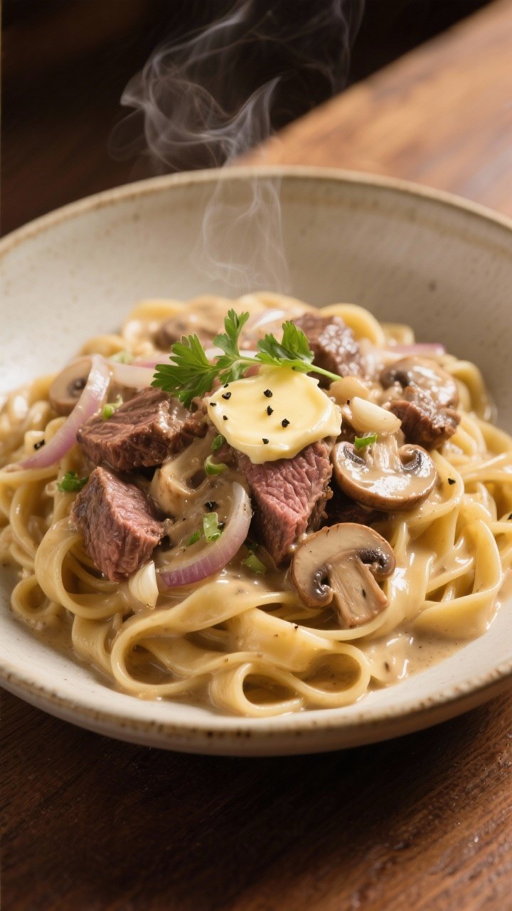 45-degree angle plated presentation of luxurious prime rib stroganoff over glossy buttered wide egg noodles; creamy mushroom-onion sauce with sliced cremini and thinly sliced onions, minced garlic aromatics, and tender strips of leftover prime rib folded through; finished with a pat of melted unsalted butter and a sprinkle of black pepper and parsley, set in a shallow ceramic bowl on a warm wooden table, steam gently rising, rich beige and brown tones highlighting the silky texture.