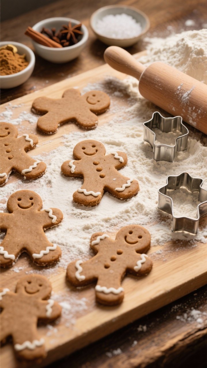 45-degree angle process scene: classic gingerbread men cutouts on a floured wooden board, soft centers promised by slightly thicker dough; spices visible in small bowls (ground ginger, cinnamon, cloves, nutmeg), baking soda and fine sea salt pinches, all-purpose flour mound, a rolling pin and metal gingerbread man cutters, unbaked cookies with crisp edges ready for the oven, warm spiced tones, natural side light.
