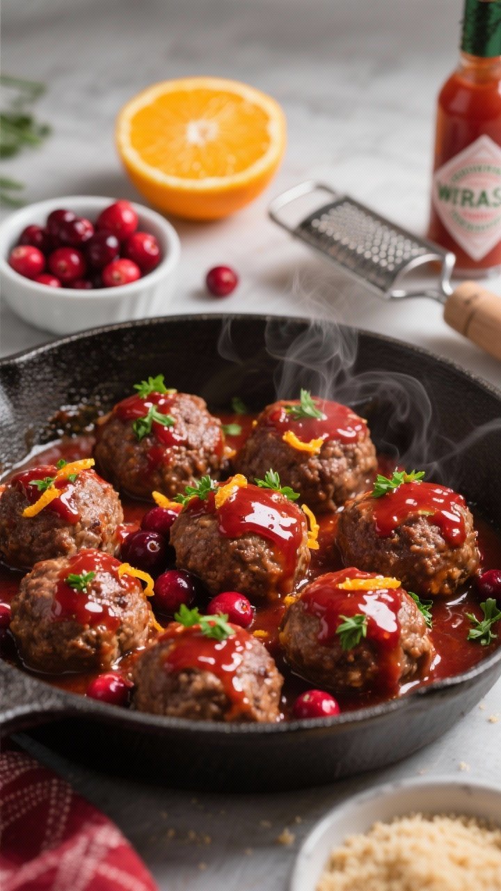 45-degree angle shot of cranberry-orange glazed meatballs in a shallow skillet: glossy meatballs (beef or beef/pork blend) coated in a shimmering cranberry-orange sauce with visible zest, garnished with finely chopped parsley; a small bowl of raw cranberries and an orange with a zester in the background; steam rising subtly; breadcrumbs and Worcestershire bottle partially in frame to hint at the mix; rich, festive reds and warm highlights.
