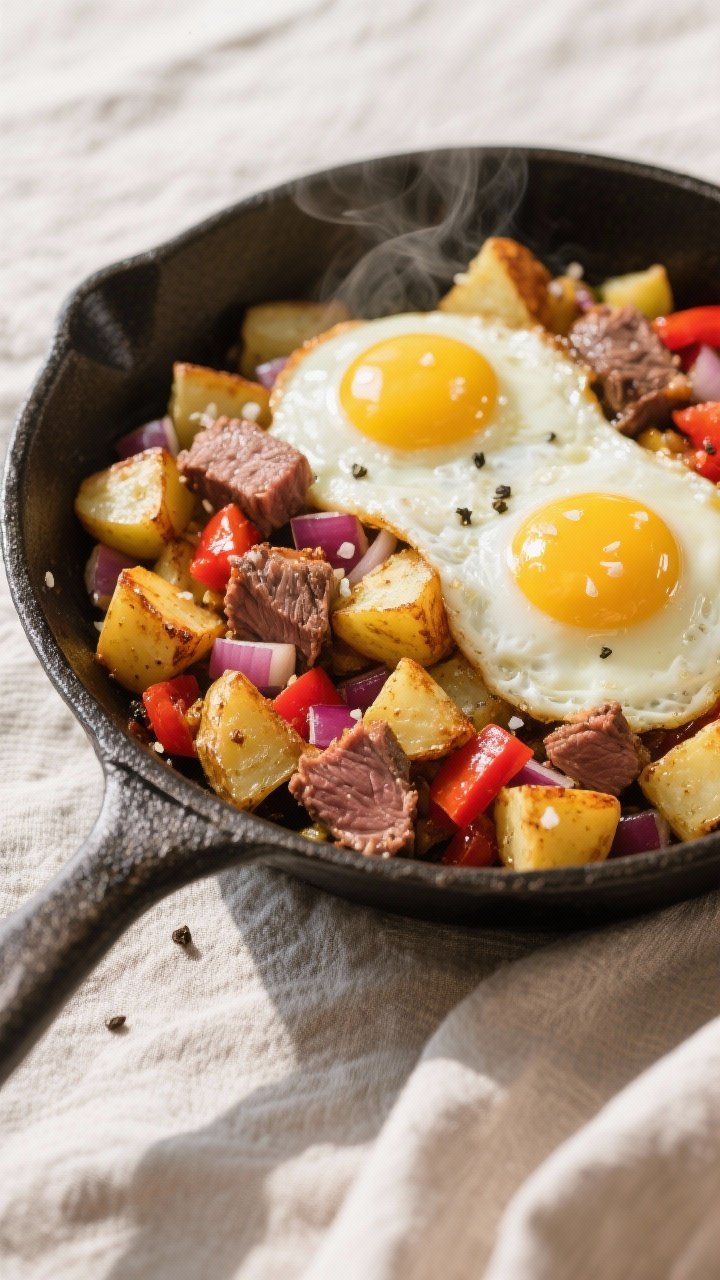 45-degree angle skillet scene of prime rib breakfast hash: Yukon Gold potatoes diced into 1/2-inch cubes crisping in olive oil and butter until golden, mingled with diced red onion, red bell pepper, and bite-size chunks of leftover prime rib; topped with two runny sunny-side-up eggs, yolks glossy; edges of potatoes ultra-crispy, steam rising, sprinkled with flaky salt and black pepper, cast-iron pan on a textured linen, bright morning light for a brunch mood.