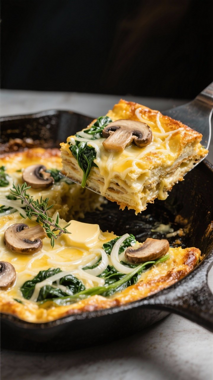 45-degree angle skillet shot of a mushroom, spinach, and Gruyère strata: golden, puffed, and custardy with melted Gruyère webbing across the top; visible slices of cremini mushrooms, wilted spinach, thin onion strands, and thyme leaves; butter gloss along the skillet edge, a spatula lifting a square to reveal tender layers, cozy brunch vibe.