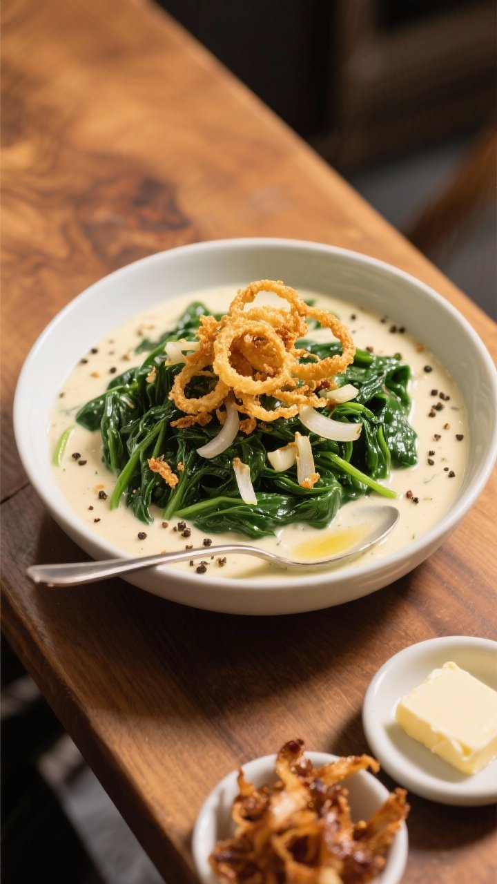 45-degree plated bowl of creamed spinach with crispy shallot topping: silky, deep-green spinach folded in a buttery, garlicky cream base, topped generously with golden fried shallot rings. Visible flecks of sautéed onion and fresh cracked pepper, a small spoon trail revealing creamy texture, set on a warm-toned wood table with a small dish of extra crispy shallots and a pat of butter nearby.