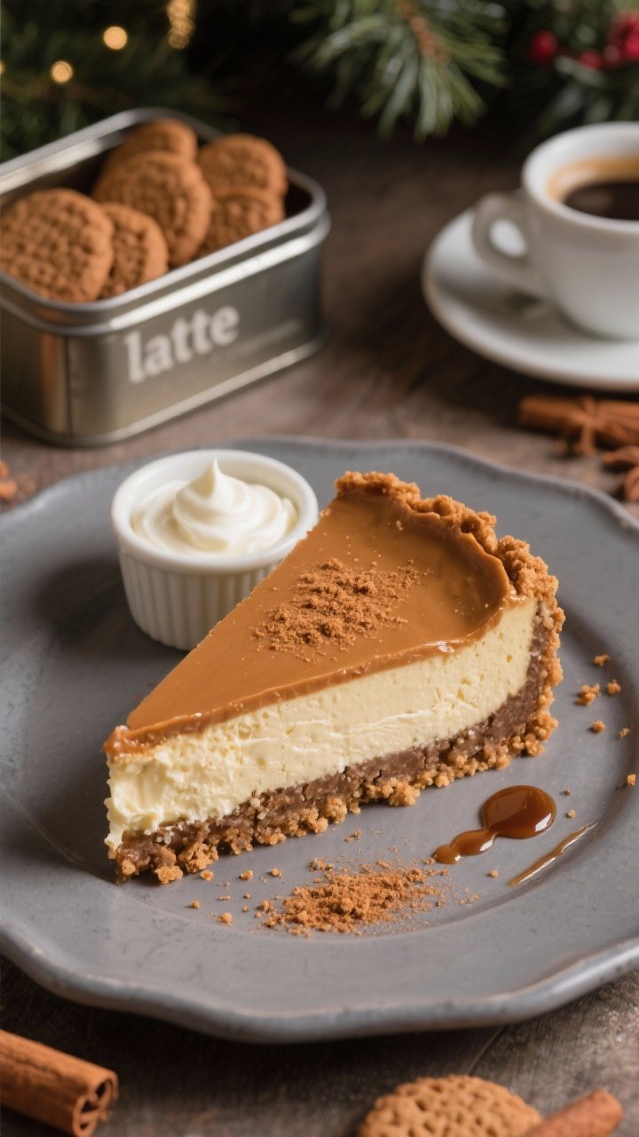 45-degree plated presentation of Gingerbread Latte Cheesecake with a molasses-deep gingersnap cookie crust: a clean slice on a matte stone-gray plate, crust showing crunchy gingersnap crumbs bound with butter and a touch of brown sugar, filling with warm caramel tones from packed brown sugar and a latte hue. Top with a light sprinkle of ground ginger and cinnamon, a tiny drizzle of molasses on the plate, and a dollop of tangy sour cream folded into the batter’s story via a side ramekin. In the background, a rustic tin of gingersnap cookies and a small cup of espresso for the “latte” cue. Cozy holiday styling, soft side lighting to emphasize crumb texture and creamy interior.