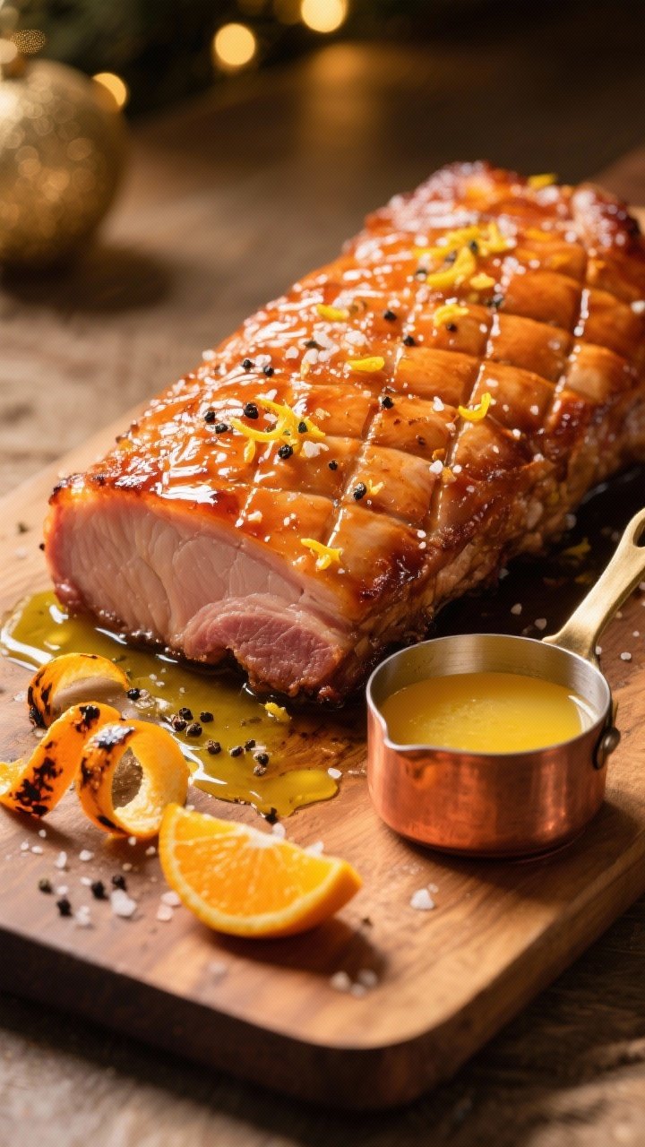 5 lb boneless pork loin with diamond-scored fat lacquered in a glossy orange-lemon glaze, flecks of orange and lemon zest visible, coarse kosher salt and cracked black pepper crystals on the crust, a small copper pan of reduced fresh orange juice glaze beside it, drips on the board, olive oil sheen, garnished with curls of citrus peel and a few charred orange rounds; warm, golden holiday lighting, shallow shadows, no people.