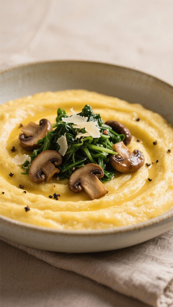 A 45-degree angle bowl shot of porcini polenta: creamy golden polenta made with vegetable broth, butter, and Parmesan, swirled to show its silky texture, topped with glossy balsamic mushrooms and a heap of garlicky sautéed greens. Scatter a few rehydrated dried porcini and cracked black pepper on top. Serve in a wide, shallow ceramic bowl on a linen napkin, warm neutral tones, gentle side light for inviting depth.