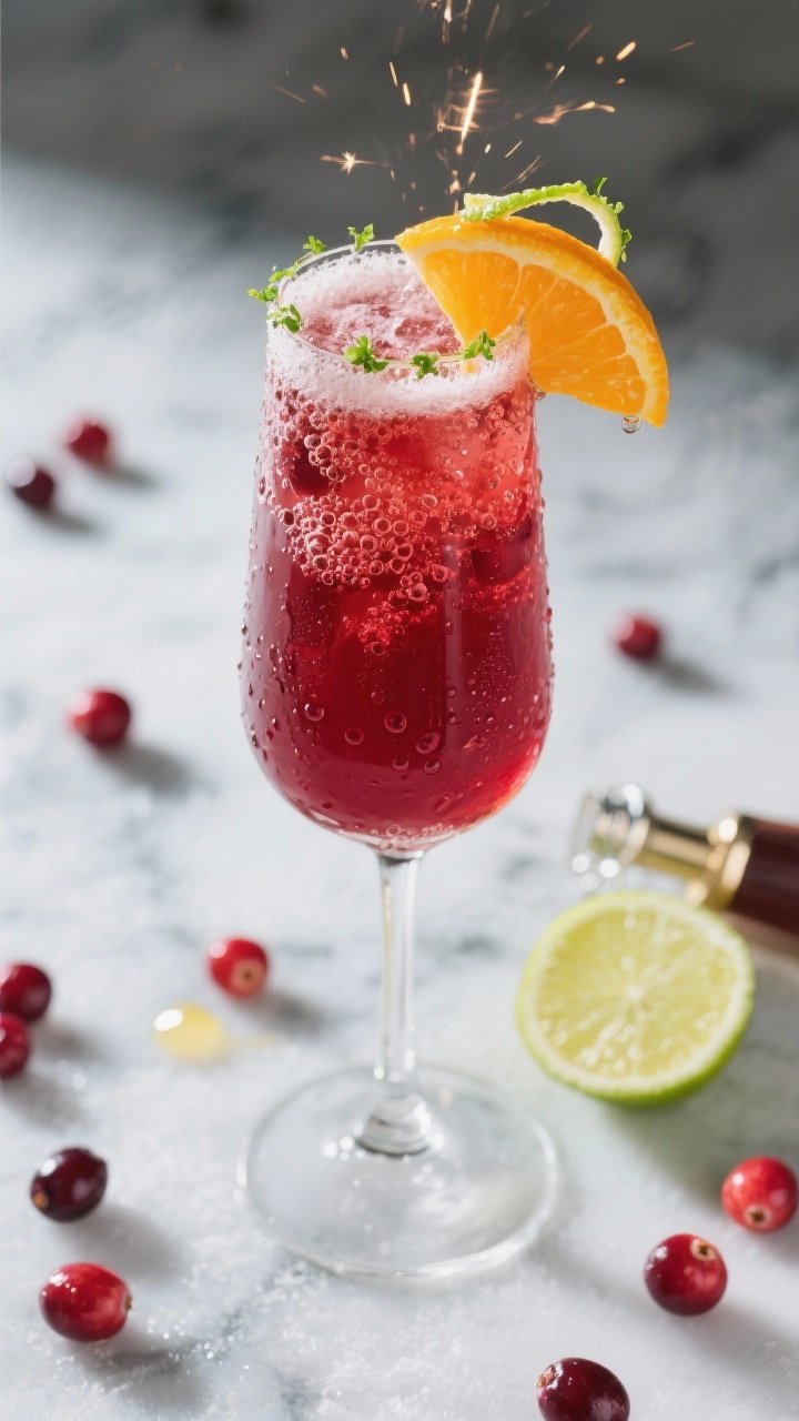 A 45-degree angle shot of a cranberry-orange sparkler in a tall flute: deep red 100% cranberry juice base topped with effervescent chilled Prosecco, a thin slice of orange on the rim, a twist of lime zest, and micro-bubbles catching light; subtle condensation on the glass, optional simple syrup dropper and fresh lime wedge nearby, styled on a frosty marble surface with scattered cranberries for a festive glow.