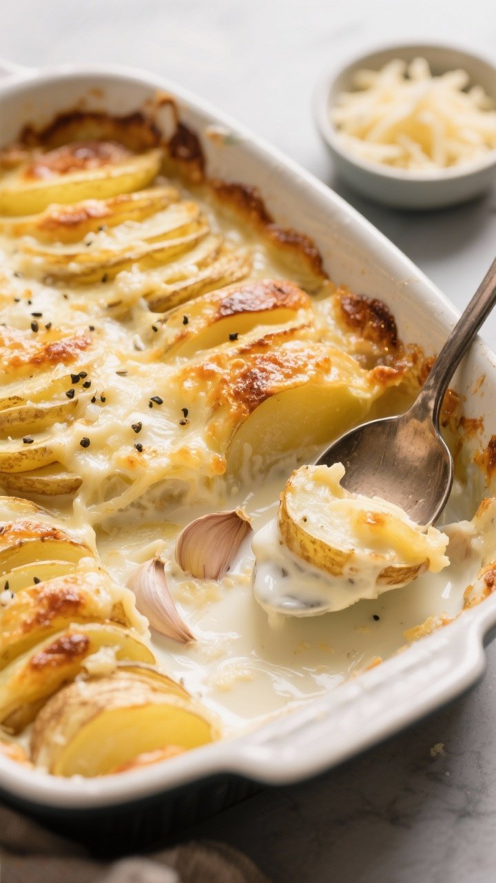 A 45-degree angle shot of creamy potato gratin: thinly sliced Yukon Gold potatoes layered in a shallow casserole with heavy cream and whole milk infused with smashed garlic, seasoned with kosher salt, black pepper, and a hint of grated nutmeg; Gruyère melted into a burnished, bubbly top; a serving spoon reveals silky, tender layers and oozy cheese, with a small dish of extra grated Gruyère nearby
