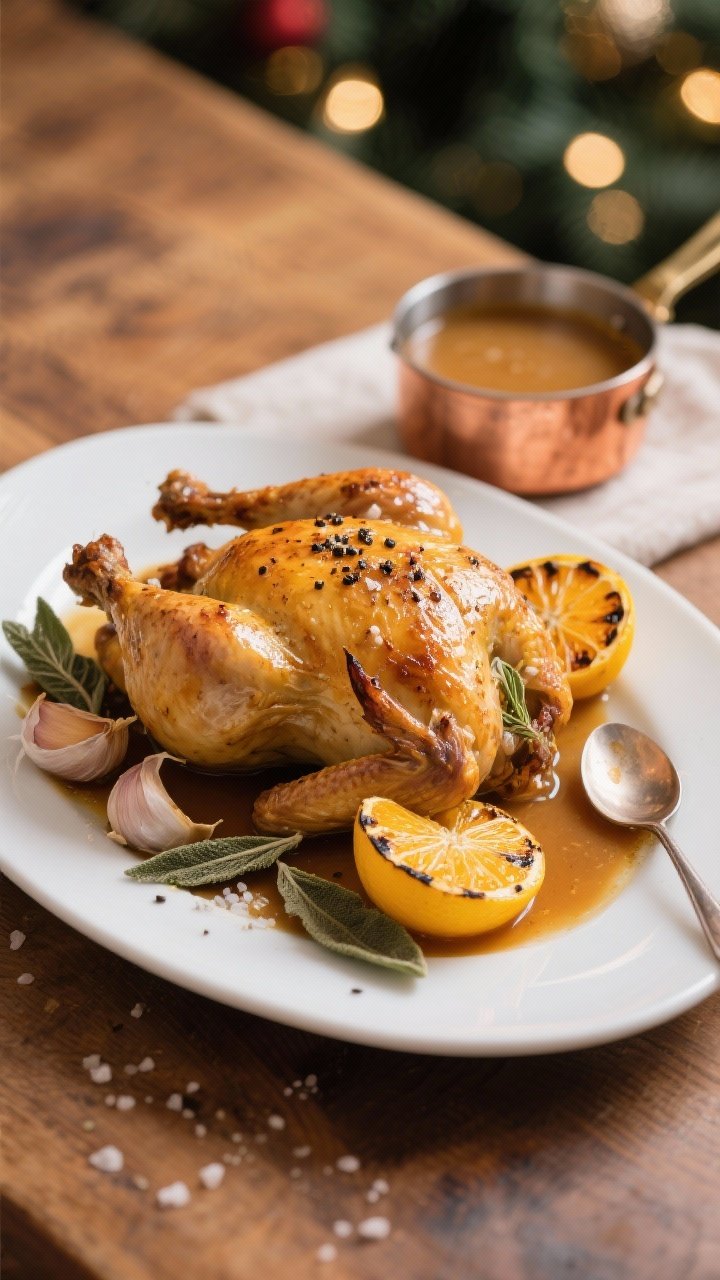A 45-degree plated shot of a golden citrus-herb roast chicken resting on a white platter, glistening pan gravy pooled beneath. Lemon and orange halves are charred and tucked around the bird, garlic cloves and crispy sage scattered. Skin is deeply browned with visible black pepper and kosher salt crystals. A small copper saucepan of silky pan gravy sits to the side with a spoon, on a warm wood table with soft holiday bokeh, emphasizing cozy, hug-like comfort.
