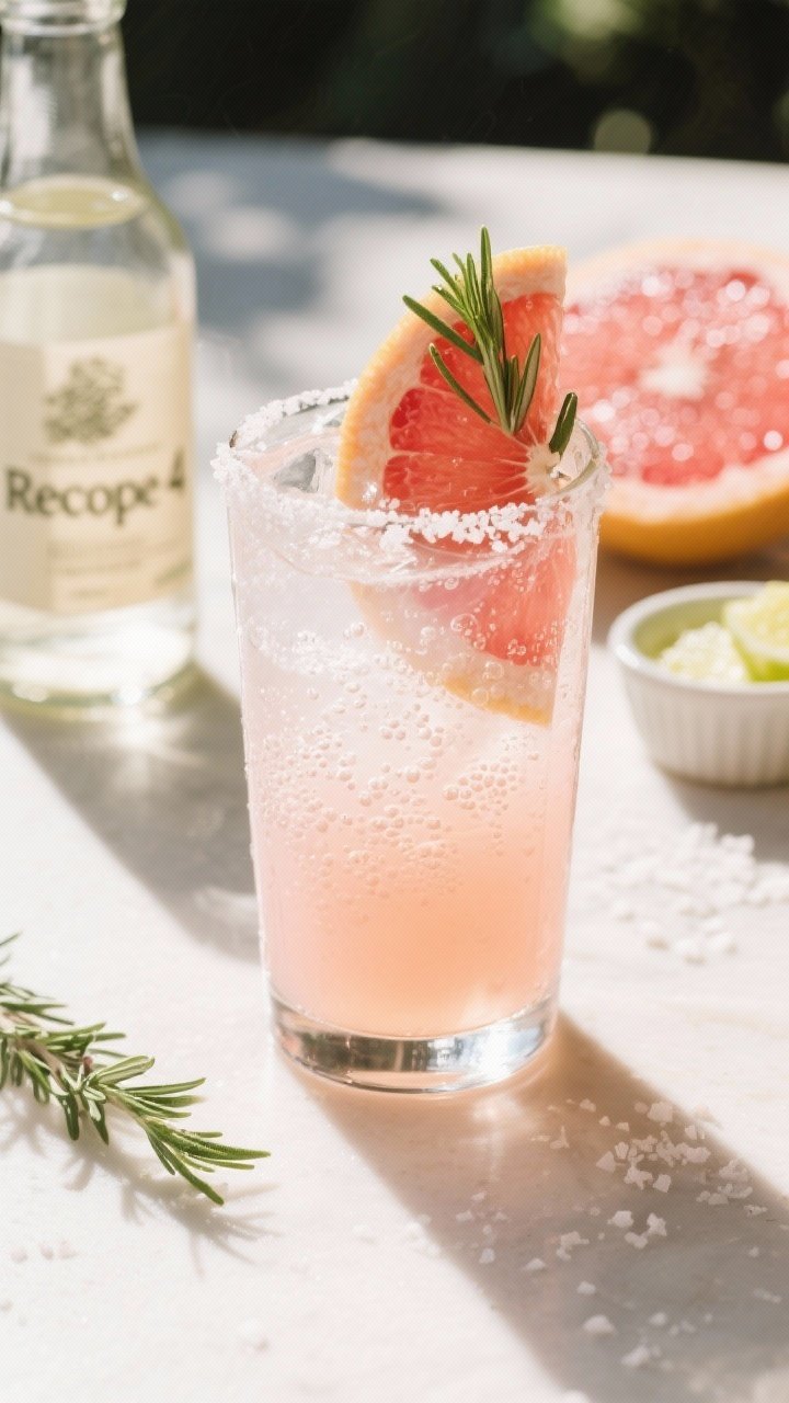 A bright, sunlit 45-degree shot of a Sparkling Rosemary Grapefruit Paloma in a highball: pale pink grapefruit juice and tequila blanco topped with fizzy grapefruit soda, tiny bubbles clinging to ice; rosemary simple syrup bottle from Recipe 4 in the background, pinch of flaky salt on the grapefruit wedge garnish, a splash of lime juice visible in a small ramekin; clean citrus-forward styling.
