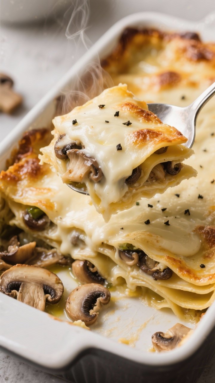 A close-up of creamy truffled mushroom lasagna in a baking dish, no-boil noodles layered with a velvety béchamel made from butter, flour, and warm milk, scented with nutmeg and kosher salt; mixed mushrooms (cremini, shiitake, oyster) sautéed in olive oil tucked between layers; the top is blistered and golden, edges bubbling, with delicate wisps of steam and flecks of black pepper; a silver serving spoon lifting a cheesy slice