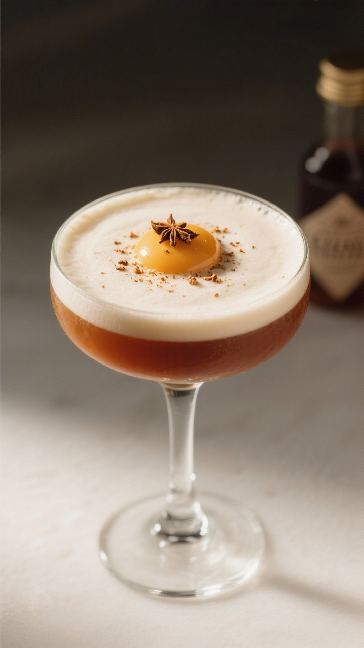 A close-up straight-on portrait of a Chai-Spiced Rum Flip in a small stemmed coupe: creamy, frothy head from the whole egg, dusting of freshly grated nutmeg on top; deep amber body hinting at dark rum and chai syrup, two dashes of aromatic bitters bottle slightly blurred; minimal, elegant set with soft directional light to showcase silky texture.