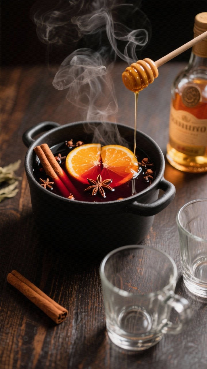 A cozy overhead shot of Mulled Wine simmering in a matte black pot: deep red wine with orange slices, cinnamon sticks, whole cloves, and star anise visibly steeping; brandy bottle to the side, honey drizzling from a dipper; steam curling upward, with two heat-safe mugs ready nearby; dark wood table and soft, warm lighting signaling quick but festive hospitality.