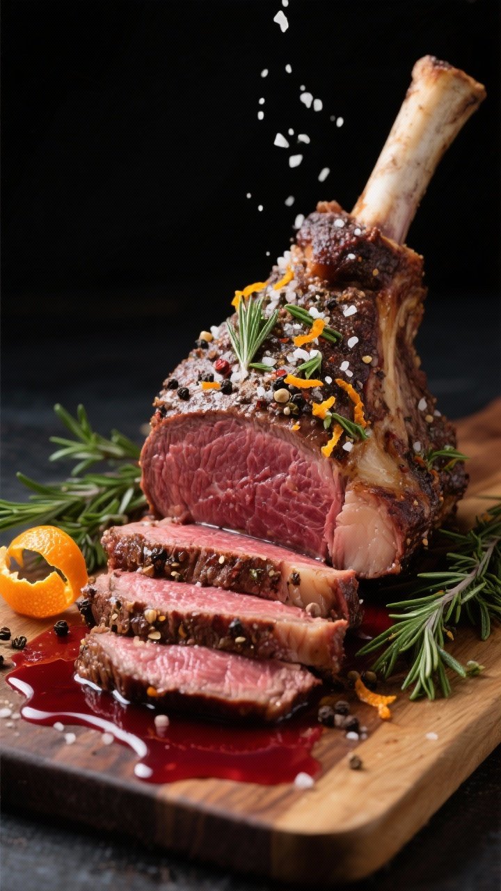 A dramatic 45-degree angle shot of a bone-in prime rib roast resting on a carving board, crusted with kosher salt, cracked black pepper, chopped fresh rosemary and thyme, and flecked with bright orange zest; thick slices reveal a rosy medium-rare center with a glossy red wine jus pooling beneath; garnished with fresh rosemary sprigs and orange peel curls, set on a dark moody backdrop for a festive, elegant feel