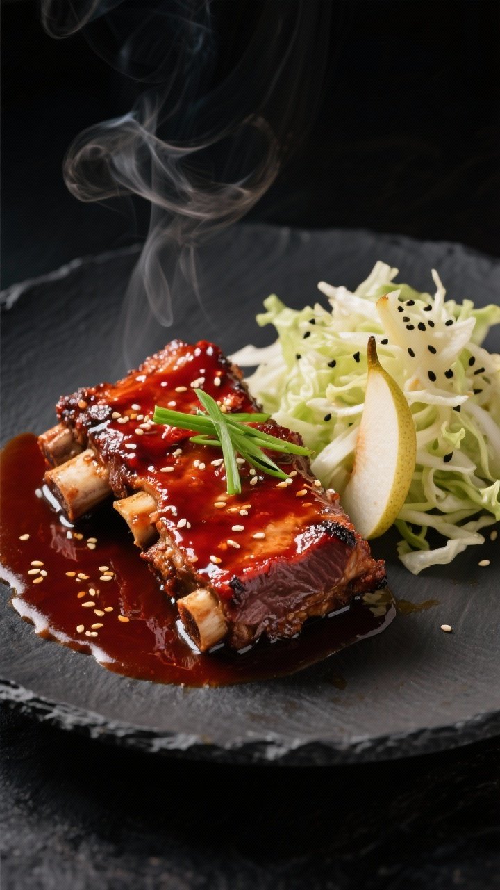 A dramatic 45-degree close-up of Korean-inspired gochujang glazed bone-in beef short ribs, lacquered with a sticky deep-red gochujang-soy glaze, nestled in a shallow pool of glossy beef stock reduction. Serve with a crunchy pear slaw piled alongside: thin matchsticks of Asian pear and cabbage with black pepper flecks. Garnish with scallions and sesame seeds. Steam wafts gently, glaze highlights catch the light, dark slate plate on a charcoal backdrop, moody lighting to emphasize the rich chili paste sheen and caramelized edges.