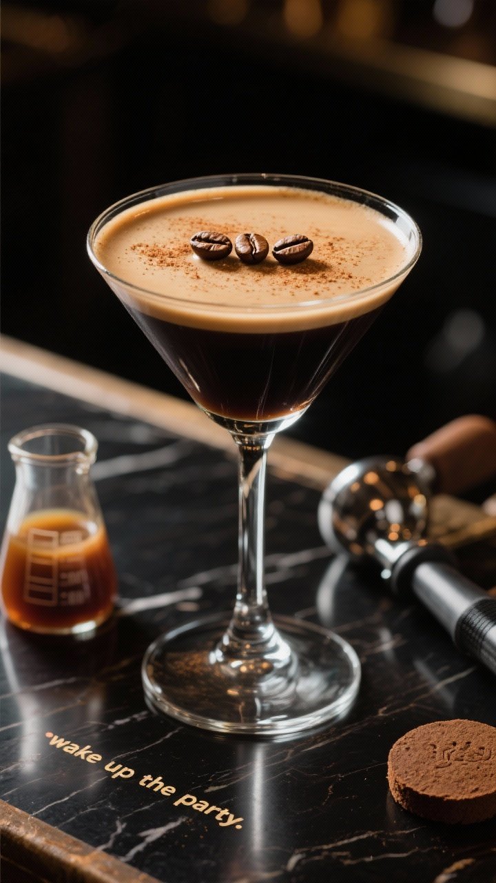 A dynamic straight-on shot of a Gingerbread Espresso Martini in a chilled coupe: inky espresso and vodka with coffee liqueur, silky surface dusted with a whisper of ground cinnamon, topped with three coffee beans aligned; a small beaker of gingerbread syrup and a portafilter with spent puck nearby; dark, glossy bar surface with dramatic highlights to “wake up the party.”