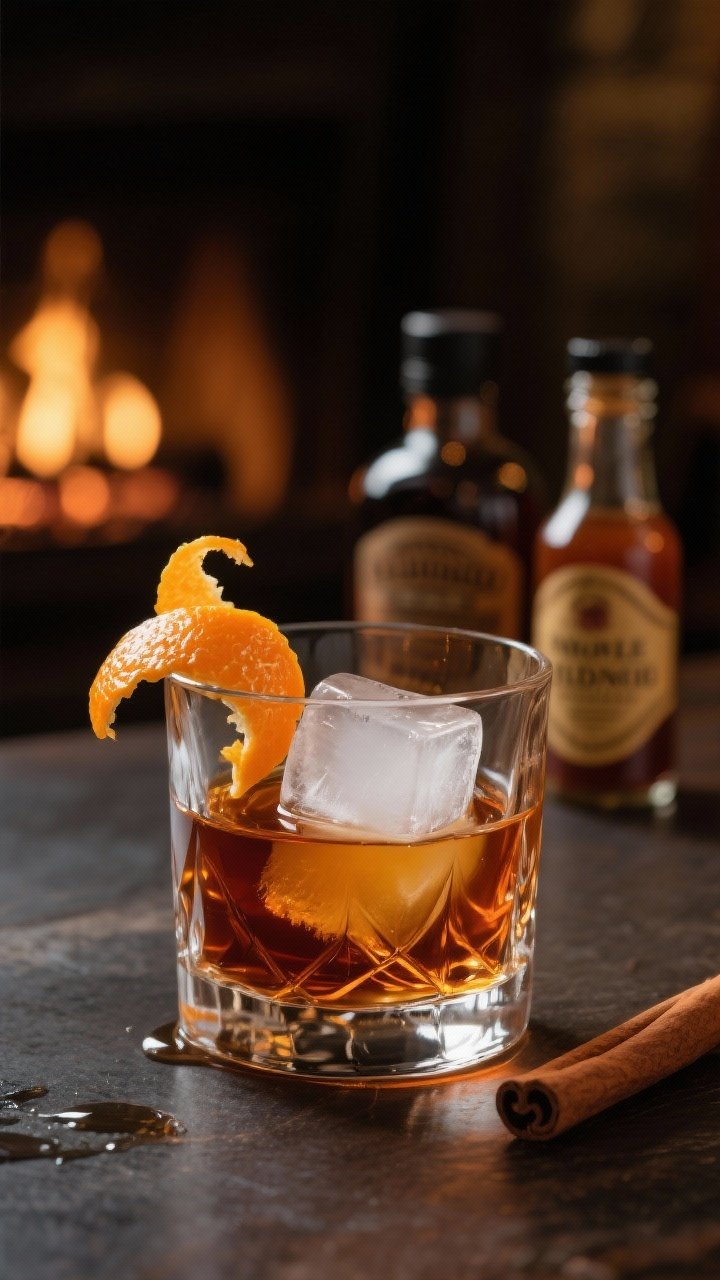 A moody close-up of a Maple Old Fashioned in a heavy rocks glass with a single large clear ice cube, amber bourbon gleaming; visible threads of pure maple syrup, two types of bitters bottle blurred in the background, expressed orange peel draped over the rim with oils glistening, optional cinnamon stick resting beside the glass; shot straight-on with fireplace-like warm backlight for cozy atmosphere.