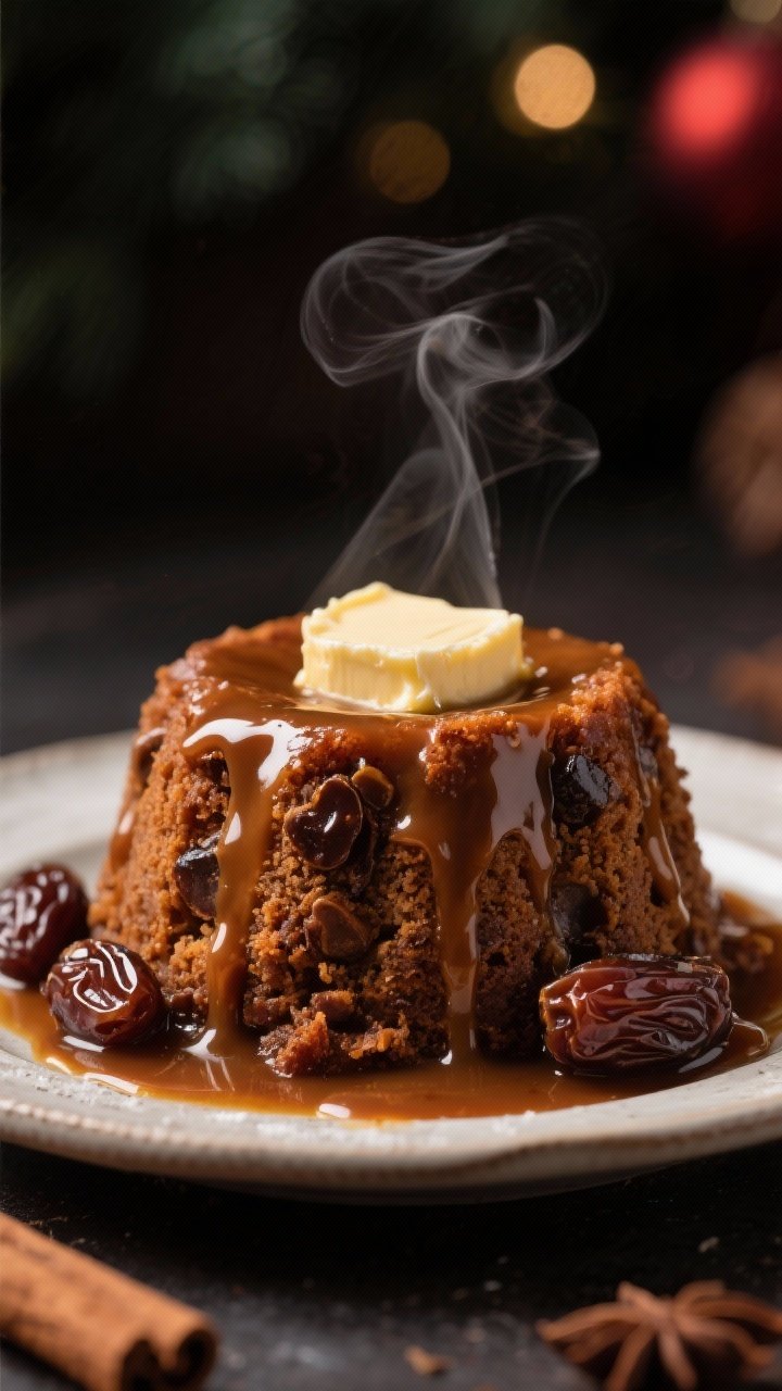 A moody close-up of gingerbread sticky toffee pudding: a warm, date-studded cake infused with molasses and baking soda-softened dates, drenched in glossy brandy caramel cascading down the sides; a pat of softened butter melting into the crumb; served on a small dessert plate with extra sauce pooled around; warm spice tones and deep brown sugar hues, with gentle steam rising for a cozy holiday finish