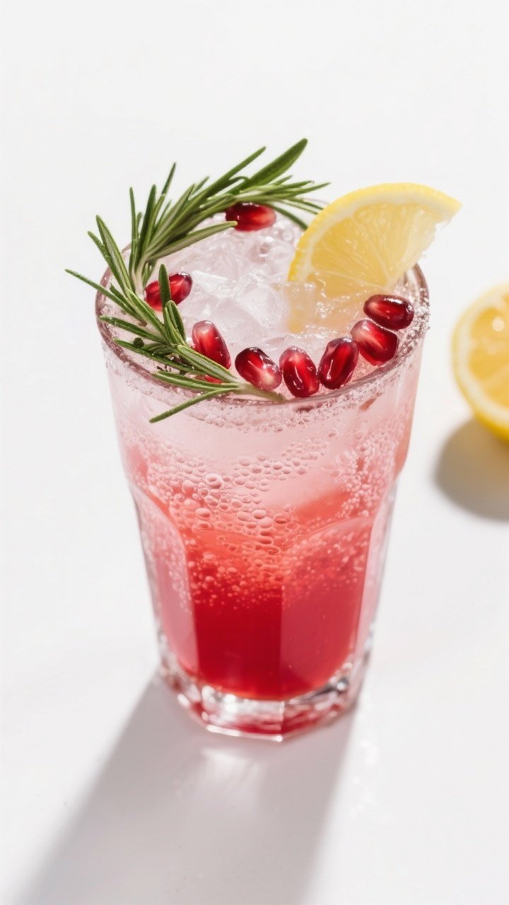 A plated presentation at 45 degrees of a Pomegranate Rosemary Gin Fizz in a Collins glass: ruby pomegranate juice and gin topped with sparkling club soda, fine bubbles rising; a neat wreath-like garnish of a rosemary sprig encircling pomegranate arils on crushed ice, lemon wedge off to the side; crisp, bright lighting with a clean white background for a fresh, botanical feel.