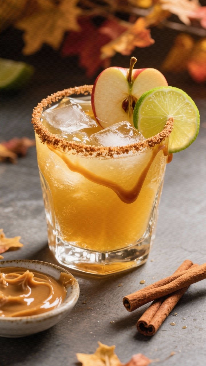 A playful 45-degree shot of a Caramel Apple Cider Margarita in a rocks glass with a thick cinnamon-sugar rim: golden apple cider blended with reposado tequila, triple sec, fresh lime, and a glossy ribbon of caramel syrup; ice cubes sparkling, apple slice and lime wheel garnish; a small dish of dulce de leche and a cinnamon stick nearby; autumnal tones with crisp highlights.