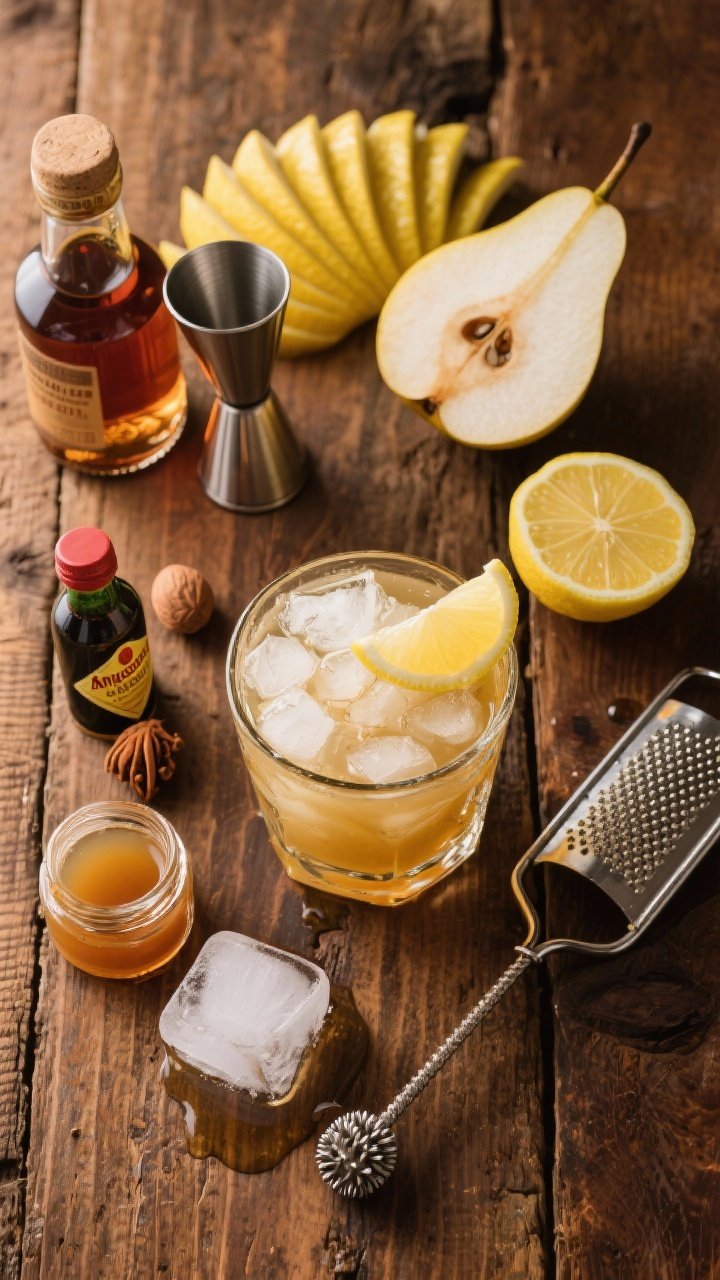 A rustic overhead ingredient-prep flat lay for a Spiced Pear Bourbon Smash: bourbon in a jigger, pear nectar, lemon halves, spiced honey syrup in a small jar, Angostura bitters bottle, nutmeg and microplane, ice, and a muddler; a rocks glass partially built with crushed ice, lemon juice, and syrup ready to add bourbon; warm wood backdrop with a sliced pear fanned out for texture.