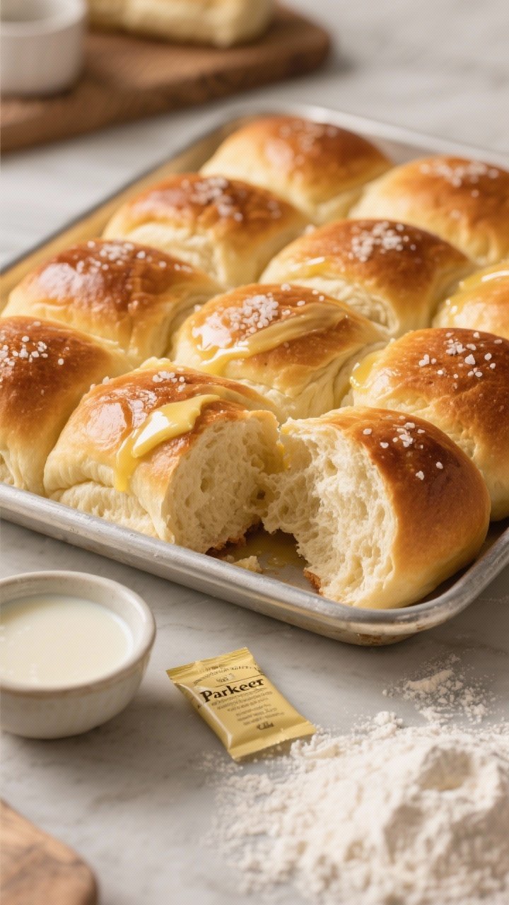 A straight-on bakery-style scene: a tray of golden Parker House rolls, their signature folded tops brushed with melted unsalted butter and finished with flaky sea salt; the pillowy interiors peek from a torn roll in the foreground; ingredients implied with a small bowl of warm milk, a packet of active dry yeast, and a dusting of flour on the surface; soft, warm lighting emphasizes buttery sheen
