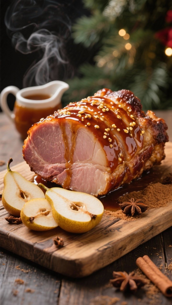 A straight-on hero shot of a spiral-cut bone-in ham brushed with a sticky maple-Dijon glaze, caramelized at the edges; sliced spiced pears arranged alongside, shimmering with cinnamon and clove notes; warm brown sugar gloss visible on the ham’s exterior, with a small pitcher of extra glaze in the background; set on a rustic wooden board with holiday ambiance, steam subtly rising