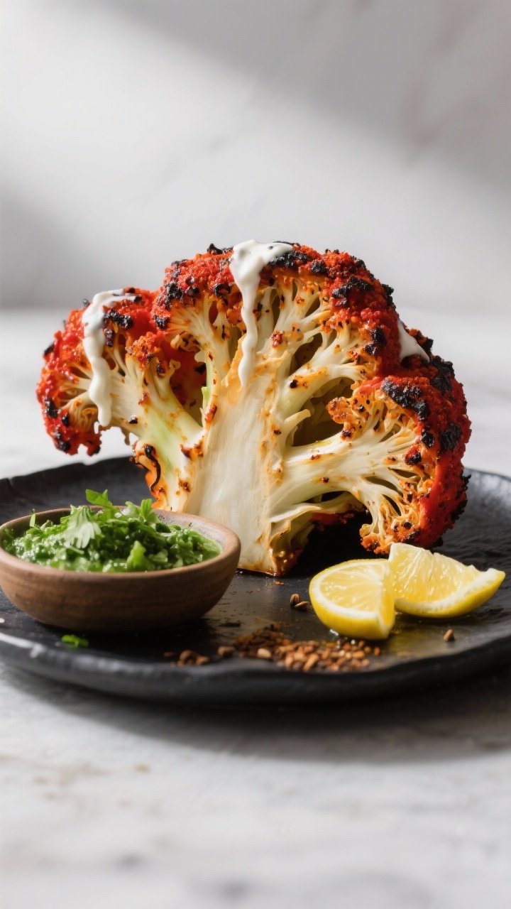 A straight-on hero shot of a whole tandoori-spiced cauliflower: the roasted head brushed with a yogurt marinade (Greek or coconut) infused with lemon juice, garam masala, cumin, and oil, charred in spots with a vibrant brick-red hue. Slice a wedge out to reveal tender florets. Serve on a dark platter with a bowl of vivid green coconut-cilantro chutney and lemon wedges. Clean, directional light to emphasize char and spice crust.