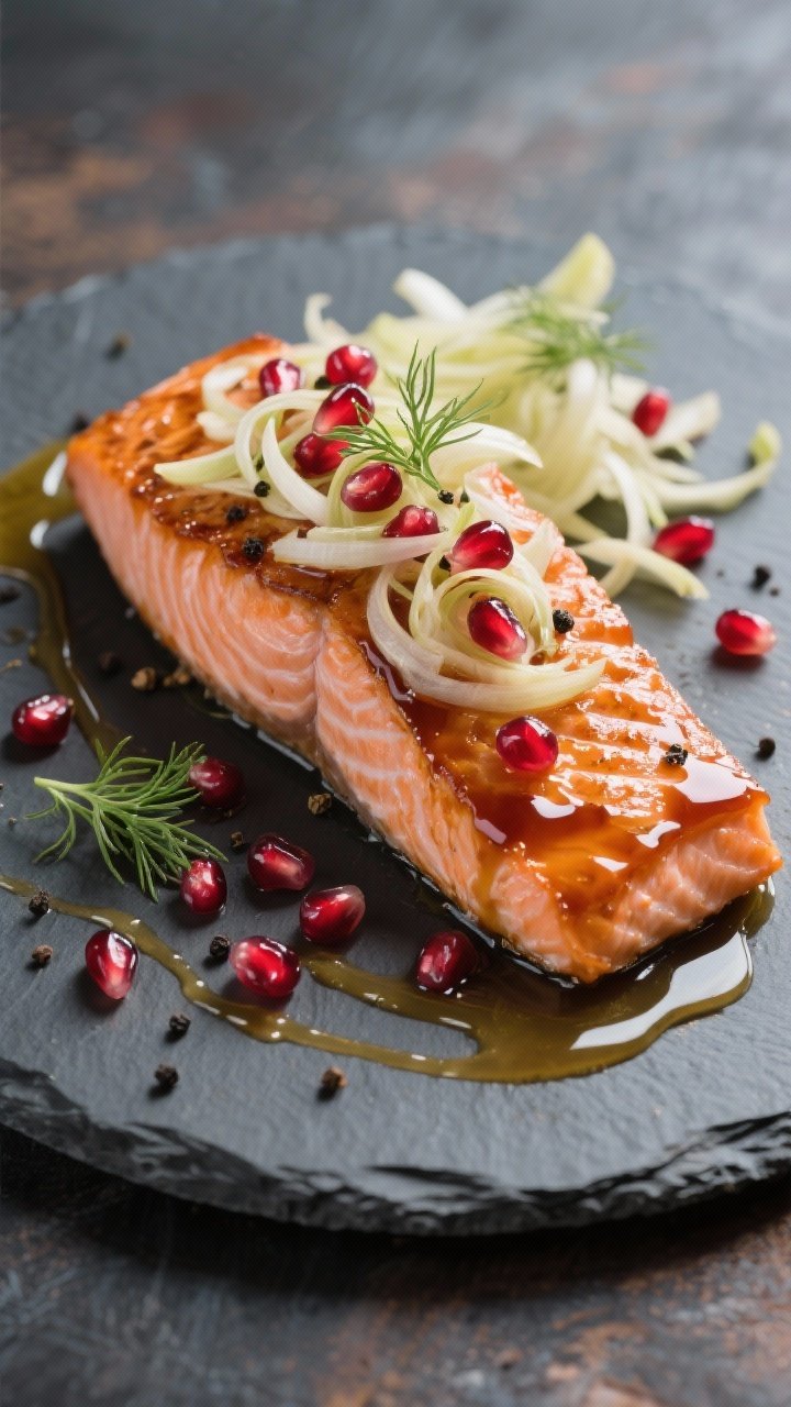 A straight-on plated presentation of maple-glazed salmon fillet, skin-on, lacquered with a shiny maple–soy–Dijon glaze and sprinkled with fresh pomegranate arils over thinly shaved fennel. The salmon is rosy and flaky, set on a slate platter with a drizzle trail of glaze and a light olive oil sheen. Black pepper specks and a few fennel fronds add brightness, evoking a festive, modern main.