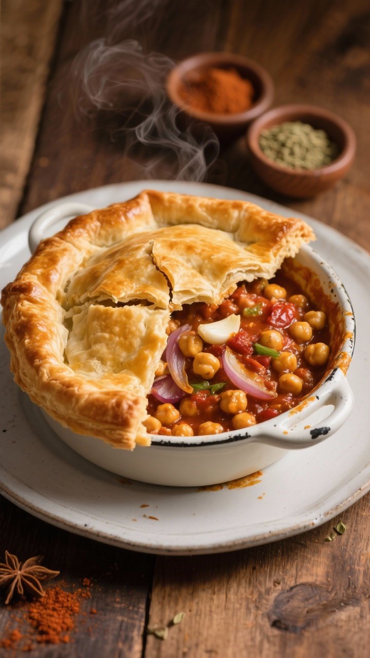 A straight-on plated presentation of Moroccan-spiced chickpea pot pie with a deeply golden, puffed, flaky pastry lid. Crack the pastry open to reveal a saucy filling of chickpeas, onions, garlic, ginger, tomato paste, and warm spices (cumin, coriander, smoked paprika) peeking through. Serve in a rustic enamel baking dish on a wooden table with a small spice ramekin trio nearby. Warm, cozy lighting highlighting the crisp layers and aromatic steam.