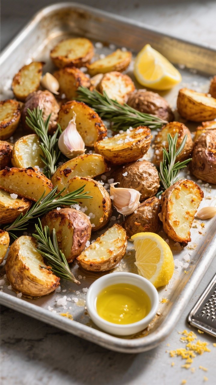 An ingredient-to-finish sequence style overhead: crispy duck fat potatoes on a rimmed baking sheet, deeply golden with craggy, blistered edges from parboiling with baking soda. Tossed with rosemary sprigs, smashed garlic cloves, kosher salt, and a final bright squeeze of lemon. Include a small dish of duck fat and a microplane with lemon zest off to the side. High-contrast natural light to amplify crunch and shine.