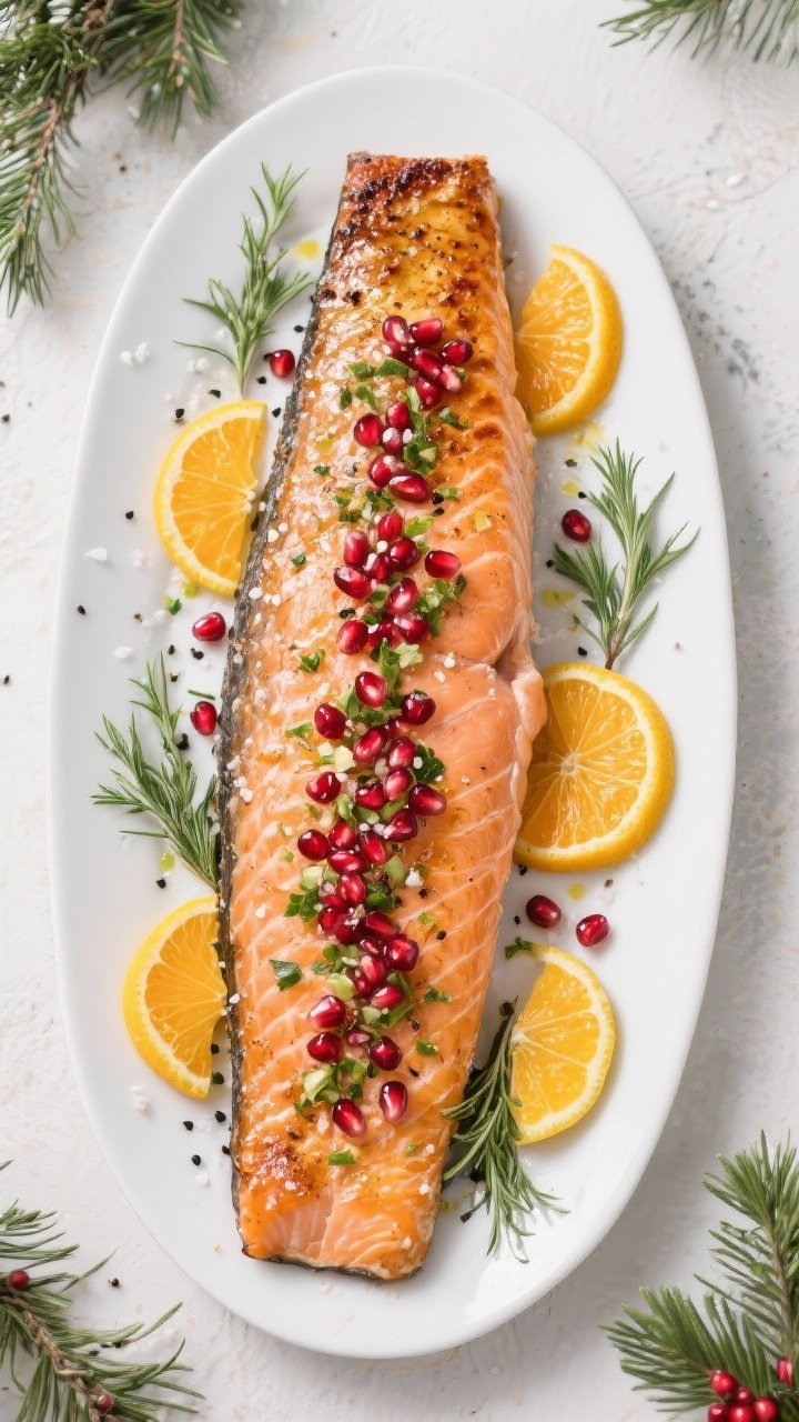 An overhead flat lay of a whole side of salmon, skin-on, roasted with olive oil, kosher salt, and black pepper; decorated with thinly sliced orange and lemon rounds, and sprigs of fresh dill and thyme; finished with a jewel-bright pomegranate gremolata scattered over the top; plated on a long white platter with citrus slices and herb sprigs artfully arranged for a fresh, vibrant holiday look