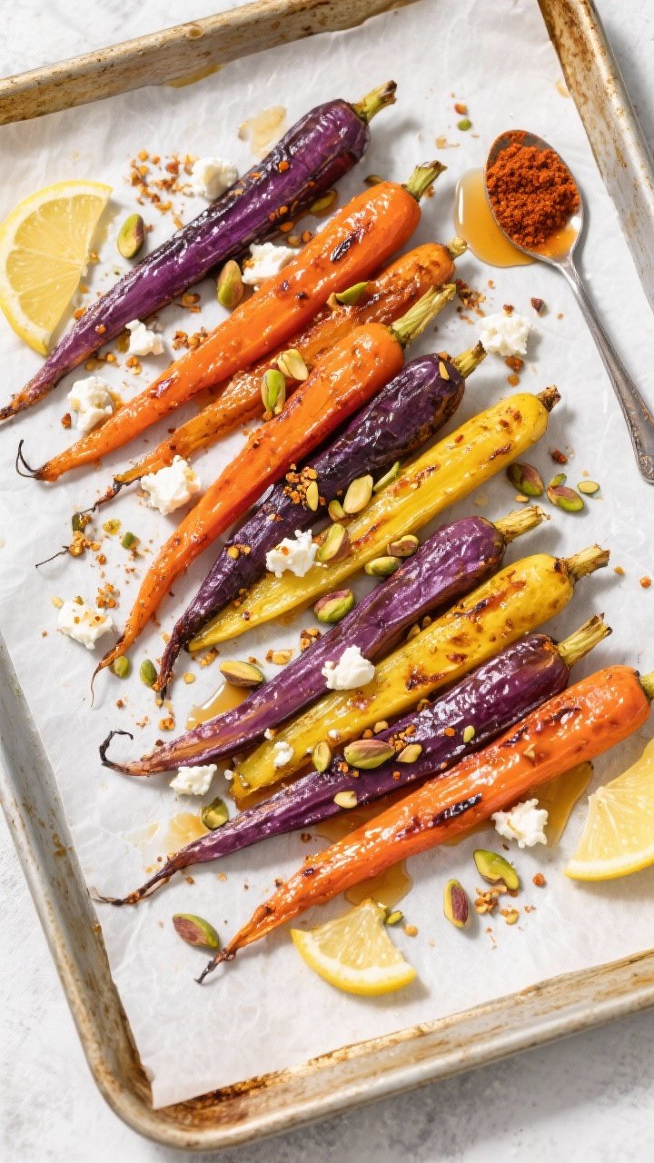 An overhead flat lay of harissa-maple roasted rainbow carrots on a parchment-lined sheet pan: slender orange, purple, and yellow carrots roasted until blistered and glossy with harissa paste, maple syrup, and olive oil, finished with lemon juice. Sprinkle with pistachio dukkah and optional crumbled feta. Include a small spoon with extra harissa and a drizzle of maple syrup in the scene. Bright, contrasty light to pop the colors and textures.