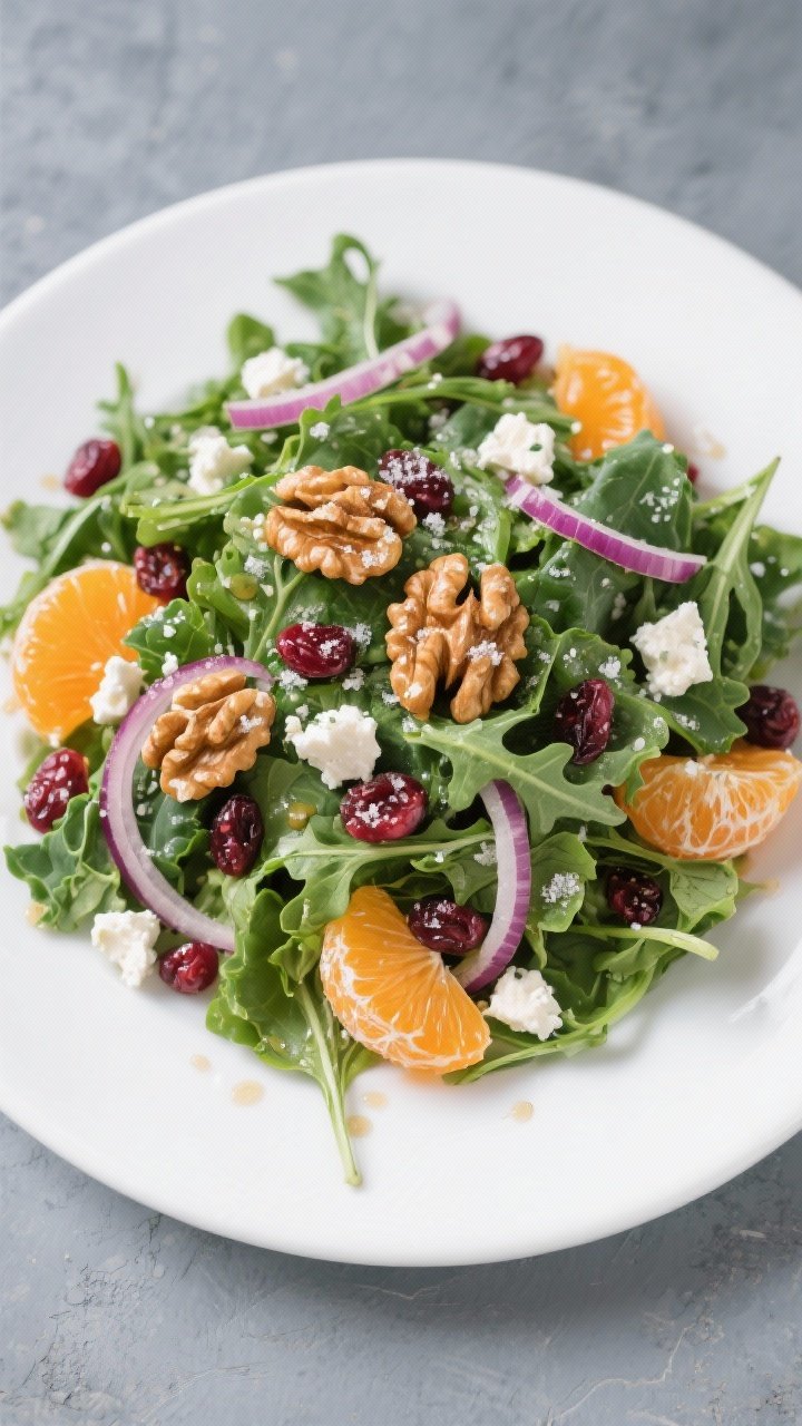 An overhead plated winter salad: mixed greens (arugula, baby kale, spring mix) mounded on a large white plate, topped with orange segments, dried cranberries, and very thinly sliced red onion; crunchy candied walnuts glisten with sugar, scattered artfully; a light vinaigrette sheen on the leaves, crumbles of feta nestled throughout; bright, fresh colors against a cool slate background