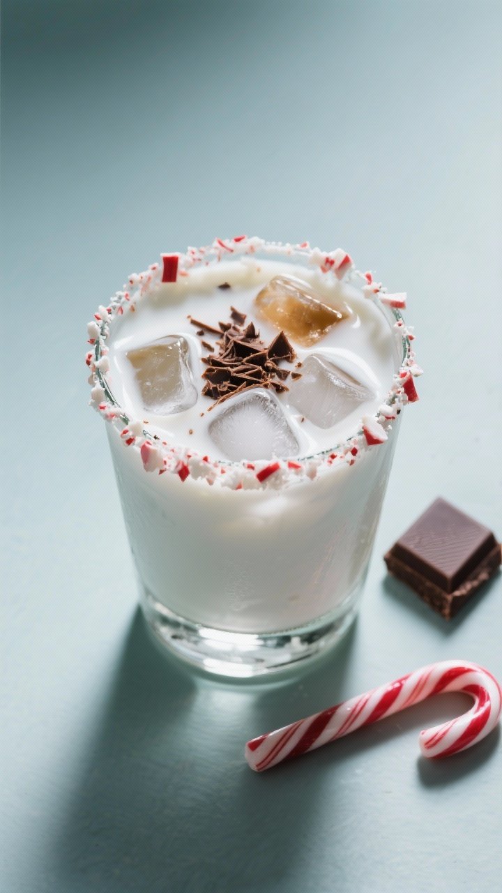 An overhead shot of a Peppermint White Russian in a short glass with a thick crushed candy cane rim, creamy half-and-half swirling into vodka, coffee liqueur, and clear crème de menthe; ice cubes peeking through, chocolate shavings dusted on top, a small square of dark chocolate and a mini candy cane on the side; cool-toned backdrop to emphasize dessert vibes.