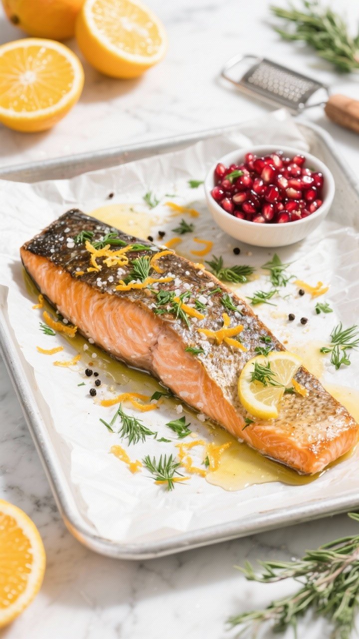 An overhead shot of citrus-herb roast salmon: a skin-on fillet baked on a parchment-lined sheet, shimmering with olive oil, scattered with lemon and orange zest, fresh dill and parsley confetti, and a finish of kosher salt and black pepper. On the side, a small bowl of jewel-toned pomegranate salsa glistens. Include citrus halves, a zester, and herb sprigs in frame for context. Bright, natural daylight on a white marble surface to capture the fresh, festive mood.