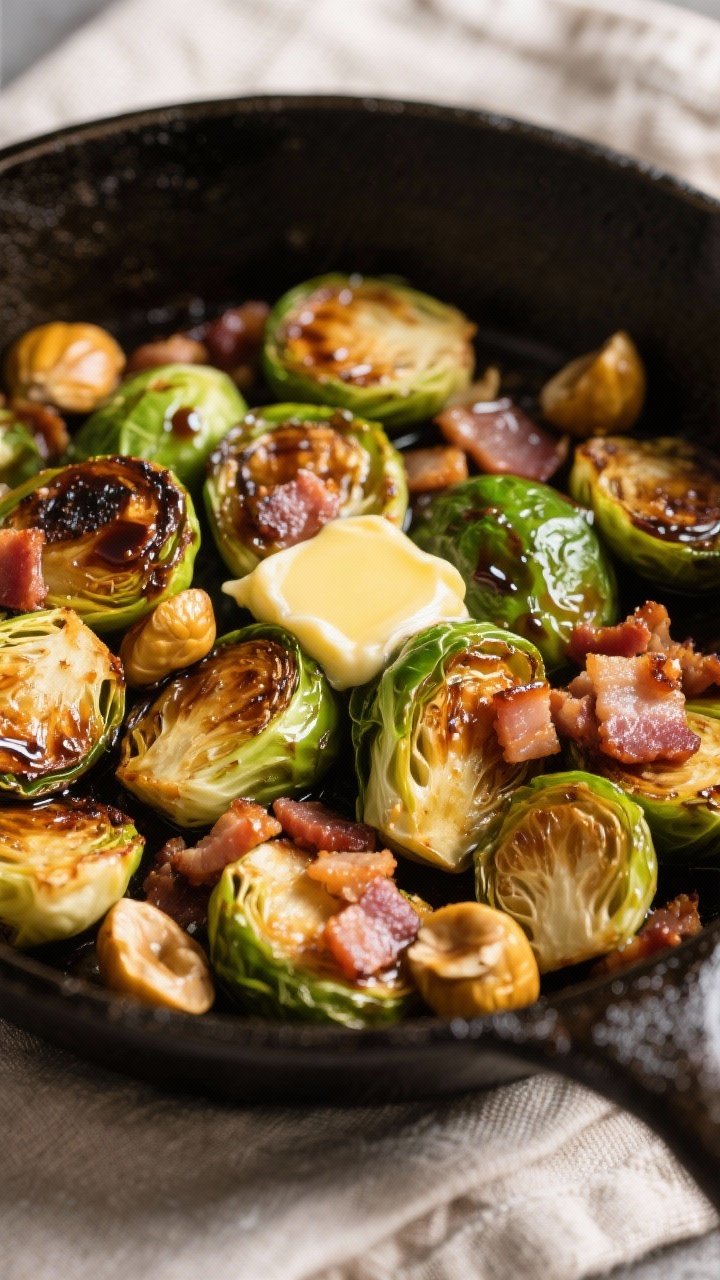An overhead skillet shot of Brussels sprouts halved and deeply caramelized, tossed with crispy diced pancetta and roughly chopped roasted chestnuts; a glossy drizzle of balsamic honey clings to the sprouts, with a pat of melted butter catching the light; charred edges, emerald interiors, and golden chestnut pieces create texture contrast; presented in a cast-iron pan on a linen napkin