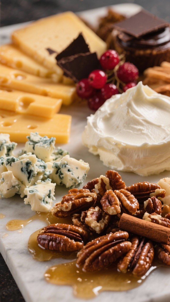 Close-up dessert-forward sweet-and-salty board with luxe textures: neat slices of aged cheddar, creamy blue cheese (gorgonzola dolce) crumbled into rich pockets, and a soft mound of mascarpone or triple-cream ready for spreading; a heap of glossy spiced nuts (cinnamon pecans or candied walnuts) catching light; drizzles of honey and a few dark chocolate shards for contrast; ruby berries for festive pop; shallow depth of field, warm highlights, and irresistible shine on cheeses and nuts.