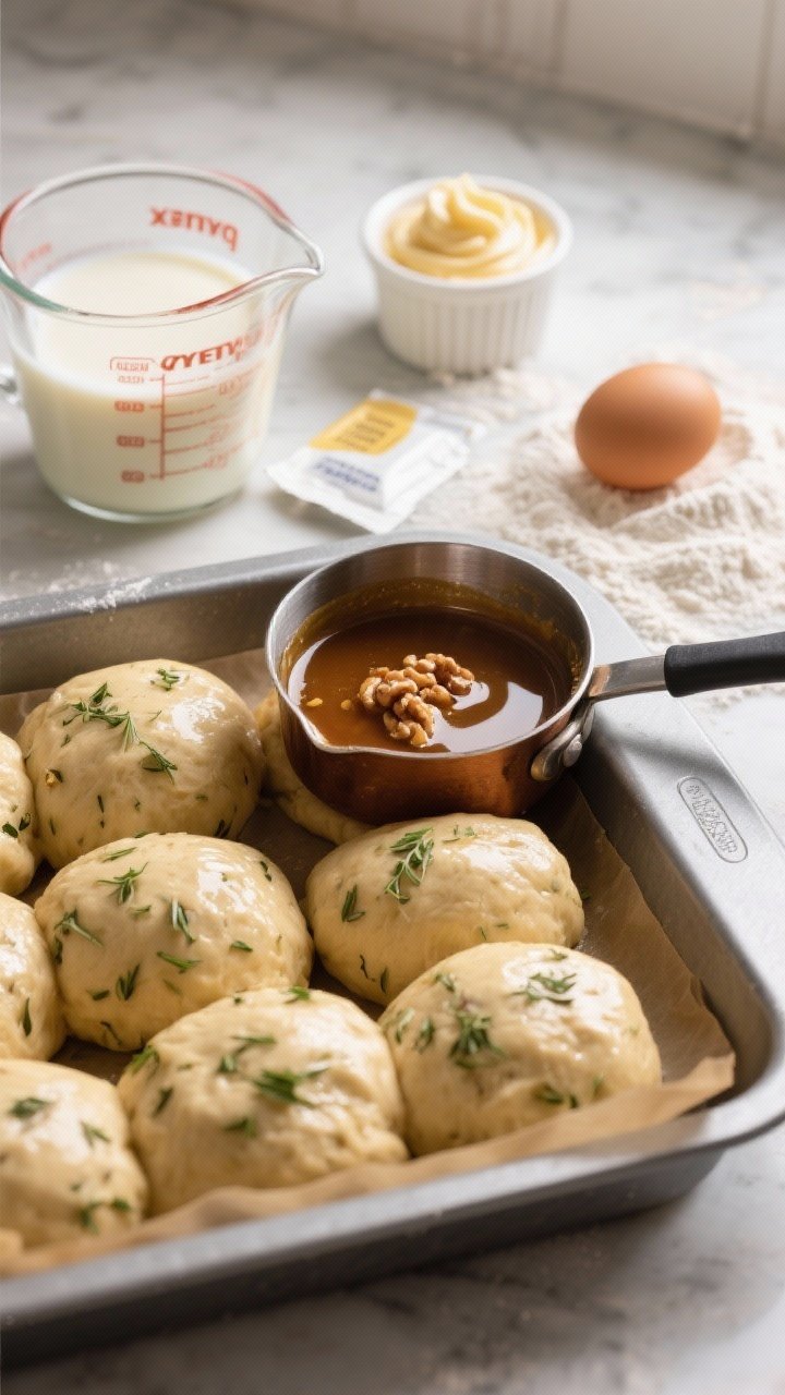 Close-up process shot of brown butter herb roll dough balls nestled in a parchment-lined metal baking pan: flecks of fresh herbs in the glossy, enriched dough; a small saucepan of nutty brown butter with toasty milk solids in frame, a measuring cup of warm milk, yeast packet, egg, and flour dusting on the counter; soft morning light and shallow depth of field; a ramekin of whipped honey butter waiting in the background.