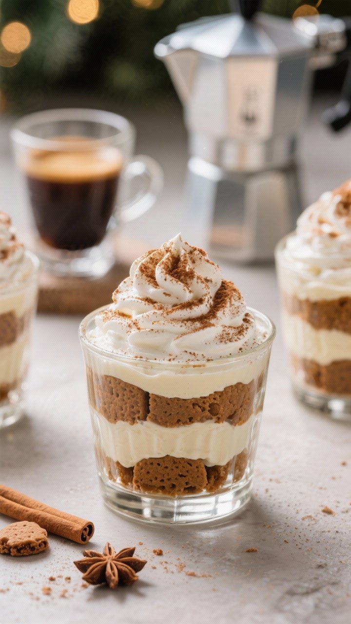 Close-up straight-on shot of individual gingerbread tiramisu cups: layers of coffee-soaked gingerbread cookies, mascarpone-vanilla cream, and a cloud of espresso whip on top; dusting of ground cinnamon and ginger, with a light grating of nutmeg; tiny espresso cup and a moka pot blurred in the background; clear glass cups reveal textures and strata; cool, elegant lighting with holiday warmth.