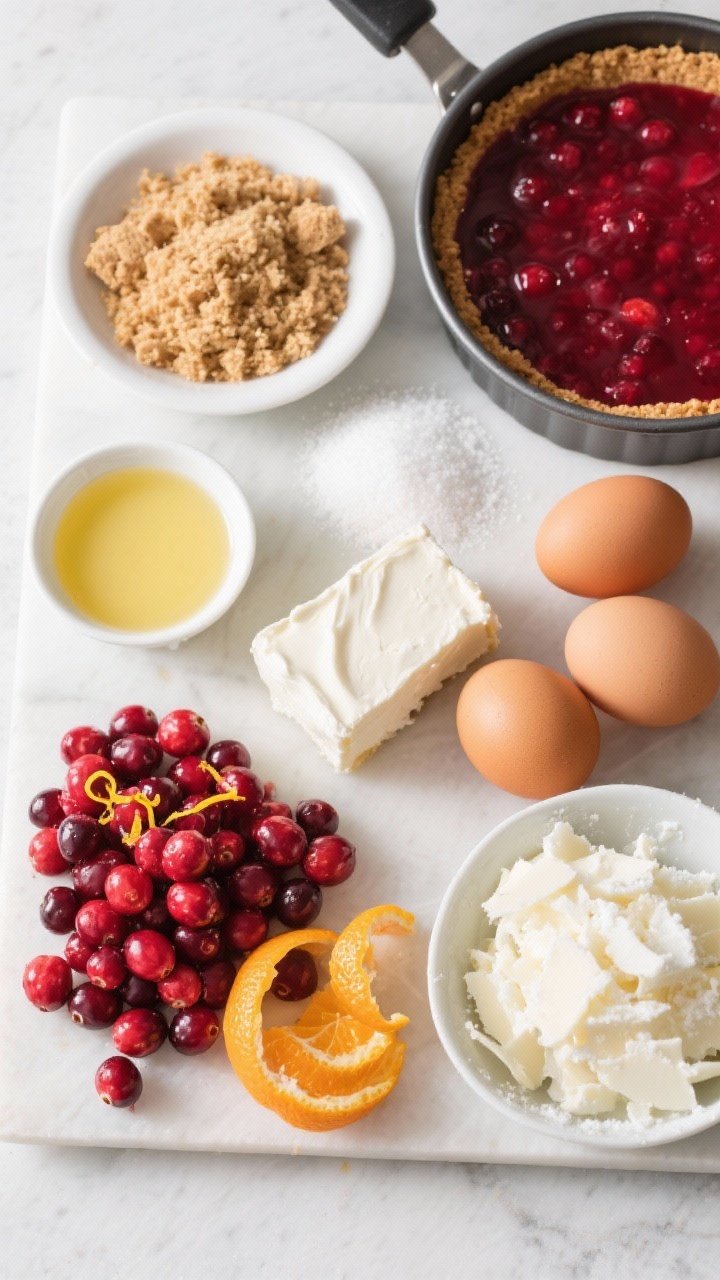 Ingredients-focused overhead flat lay for Cranberry Orange Cheesecake With White Chocolate Snow: neat arrangement on a white slate board—graham cracker crumbs, a dish of melted butter, granulated sugar, softened cream cheese blocks, sour cream, three large eggs at room temperature, a mound of fresh cranberries, zested oranges with curls of bright zest, and a bowl of shaved white chocolate “snow.” Include an empty springform pan with a pressed graham crust base partially visible, and a saucepan of glossy cranberry-orange compote. Bright, citrusy color palette with pops of red and orange, crisp natural light, clean editorial style.